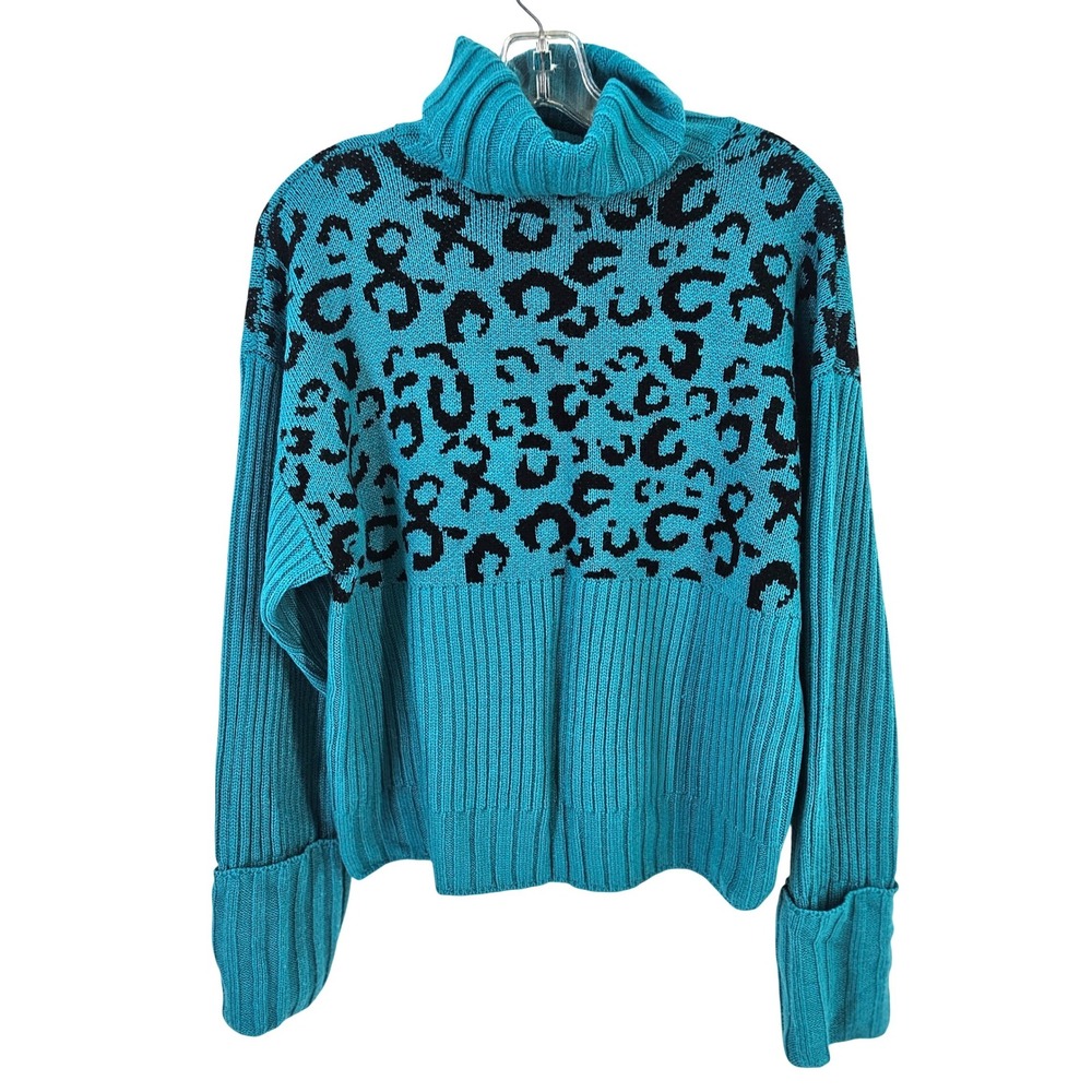 NWOT Nine‎ West Teal Black Leopard Print Turtleneck Sweater Women's Size L